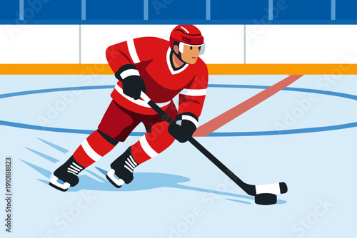 Ice Hockey Player Passing the Puck Flat vector illustration of an ice hockey player passing the puck to a teammate. Dynamic skating pose, rink background visible. Flat vector style, teamwork