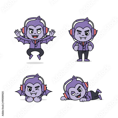 Cartoon vampire character in various poses wearing headphones on white background