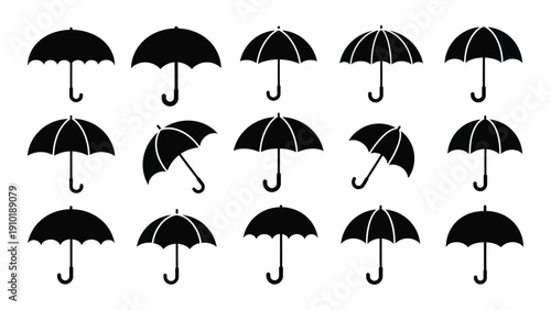 A collection of variously positioned black umbrellas on a white background. isolated on white background, Vector