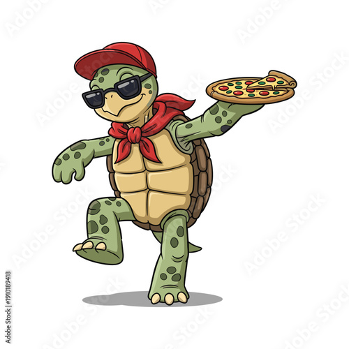 Cool turtle character delivering pizza with red cap and sunglasses