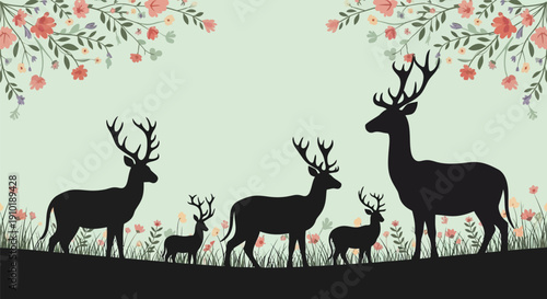Silhouettes of a majestic deer family stand proudly amidst a field of blooming wildflowers under softly cascading floral branches.