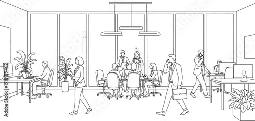 Diverse group of business professionals engaging in various workplace activities including a meeting and individual desk work in a modern office setting