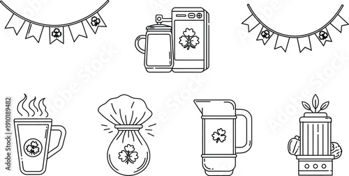Collection of black and white line art icons featuring various st patrick's day themed drinking vessels decorations and symbols