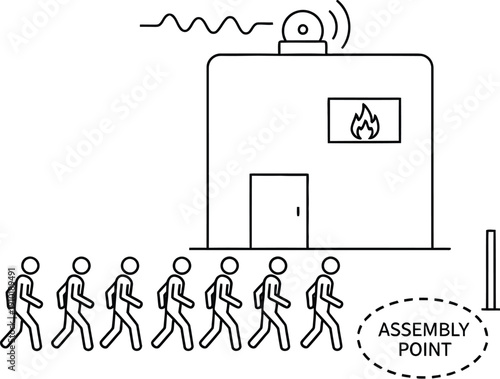 Simple line art illustration depicts people evacuating a building safely towards a designated assembly point following a fire alarm sounding