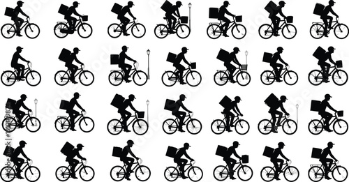 Delivery cyclist silhouette icons show various.
