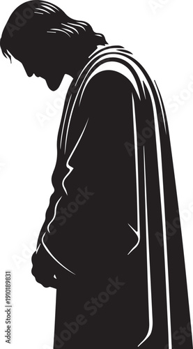 Jesus christ figure vector silhouette illustration line art robed man profile looking down
