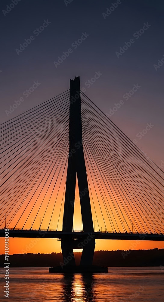 Fototapeta premium Cable-stayed bridge at sunset silhouette.