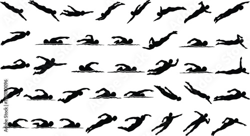 Swimmers silhouettes demonstrate various diving.