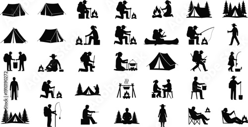 Camping silhouettes show tents and outdoor.
