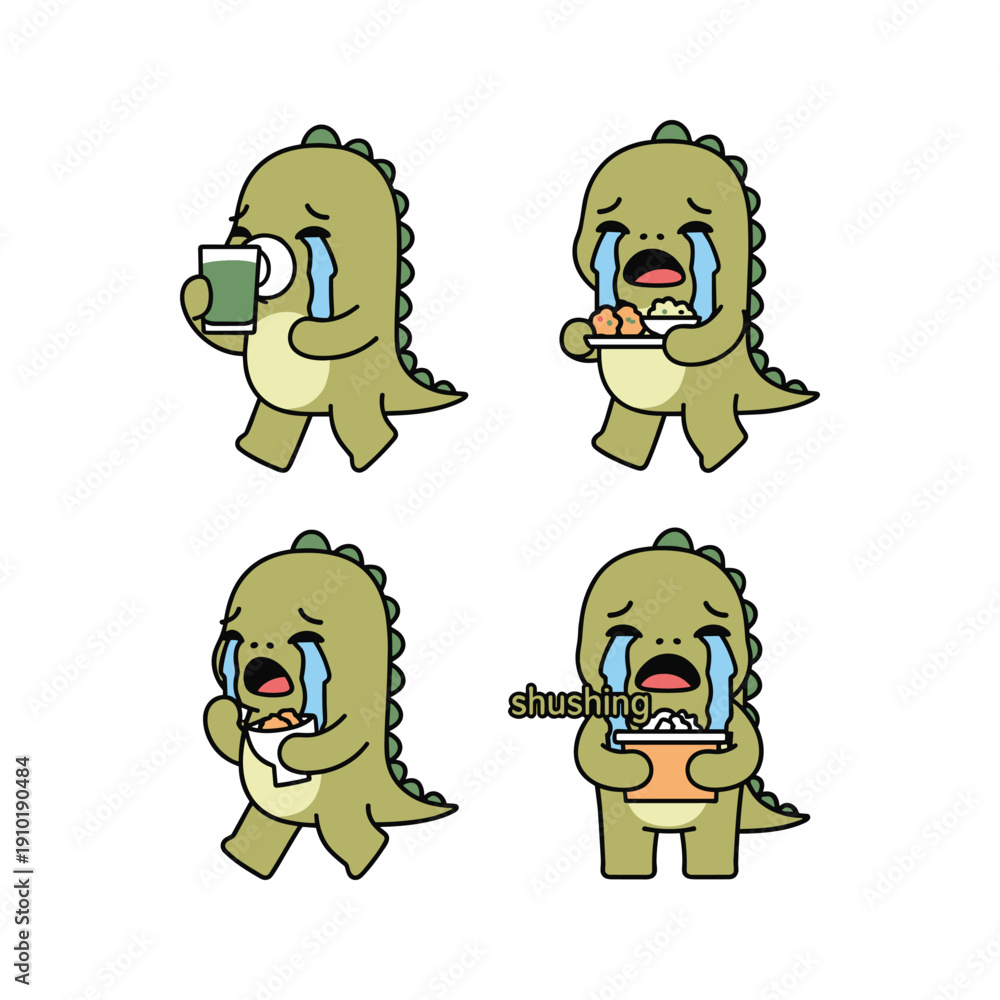 Obraz premium Crying cartoon dinosaur with various expressions on white background
