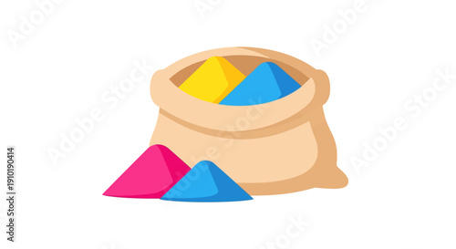 Vibrant illustration of a sack brimming with colorful festival powders, celebrating joy and cultural traditions for festive events and happy gatherings