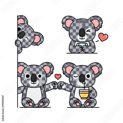 Cute cartoon koalas in love sharing a drink with hearts on white background