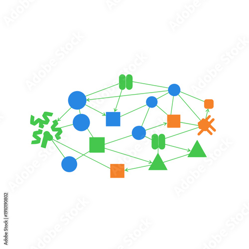 Network nodes connecting proteins for pathway analysis, bioinformatics, and complex biological system research.