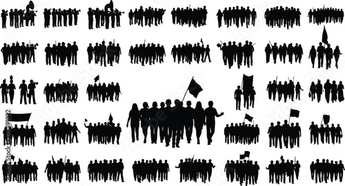 Crowds demonstrating hold flags and banners.