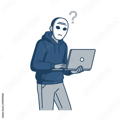 Person wearing a mask holding a laptop representing an imposter, social engineering, and cyber fraud identification.