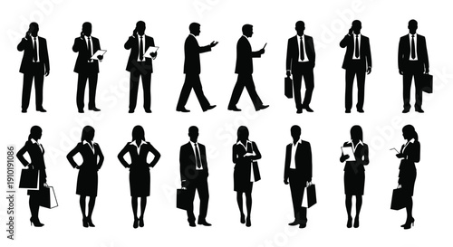 Collection of black and white business silhouettes depicting men and women standing walking talking on phone holding briefcases and various professional accessories isolated on white background