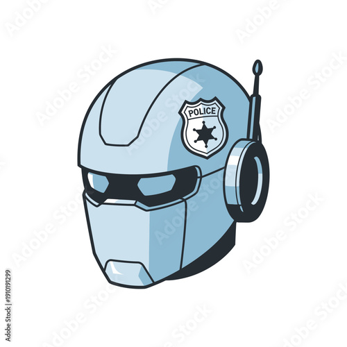 Robot head featuring a police badge for AI security, automated law enforcement, and future surveillance technology.