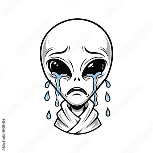 Crying alien illustration with tears on white background