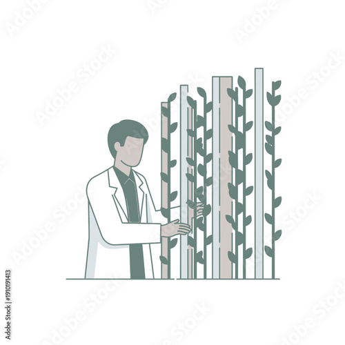 Scientist in lab coat checking vertical crops for indoor farming research, agronomy, and agricultural science.