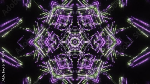 Abstract glowing purple and green lines form a mesmerizing symmetrical pattern