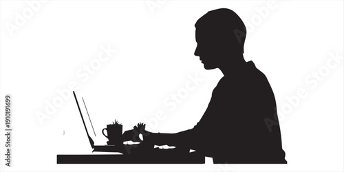 Global business concept, remote work illustration, online communication symbol, digital workspace, freelancer laptop design, worldwide connection, technology office, silhouette vector