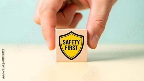 A hand placing a wooden block with a yellow shield and the words 'safety first' on a table with a light blue background