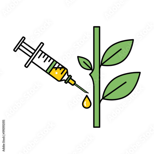 Syringe injecting a plant stem for vaccine research, agricultural treatment, and botanical genetic modification.