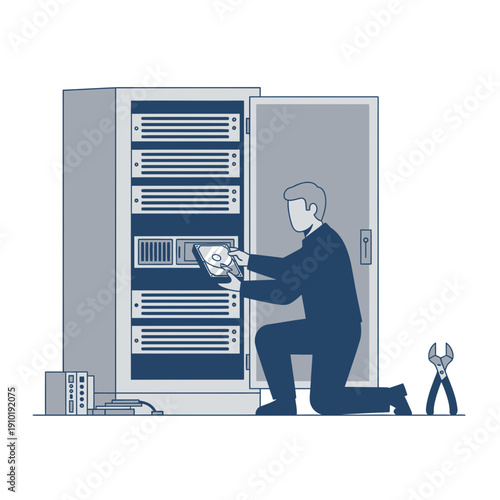 Technician replacing a hard drive in a rack for server maintenance, it support, and data center hardware repair.