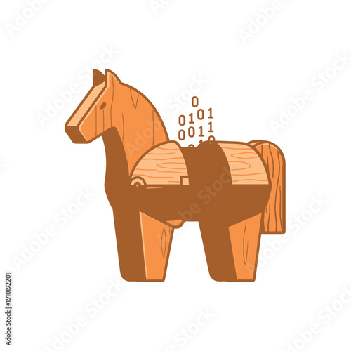 Trojan horse wooden toy illustration for malware, hidden threat, computer virus, and deceptive cyber attack.