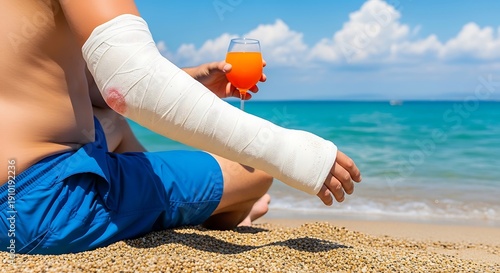 Man with arm in cast enjoys cocktail on sunny beach day by the sea