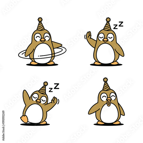Cartoon penguins sleeping and waking up with party hats on a white background