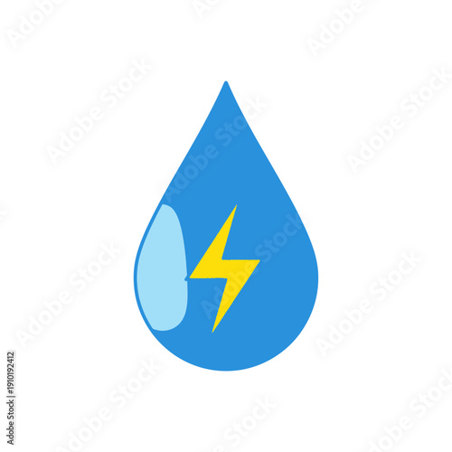 Water drop with lightning bolt inside for hydro power, energy conservation, and renewable resource concepts.