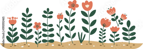 Colorful illustration of blooming flowers in a garden bed with green leaves and brown soil