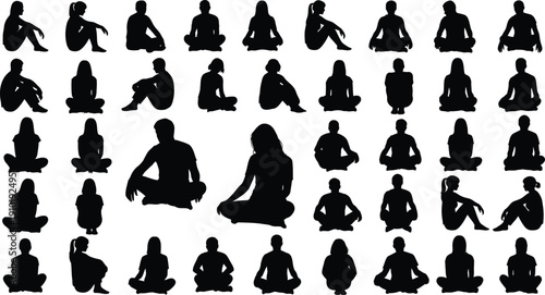 Meditating individuals assume various yoga poses.