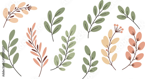 Watercolor illustration of various colorful leaves and branches on white background