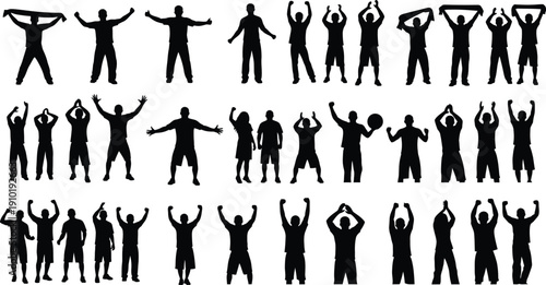 Crowd figures raise arms in celebration.