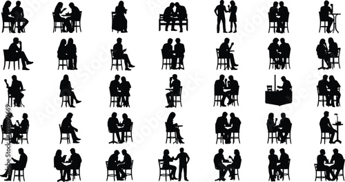 Silhouettes show varied human seating.
