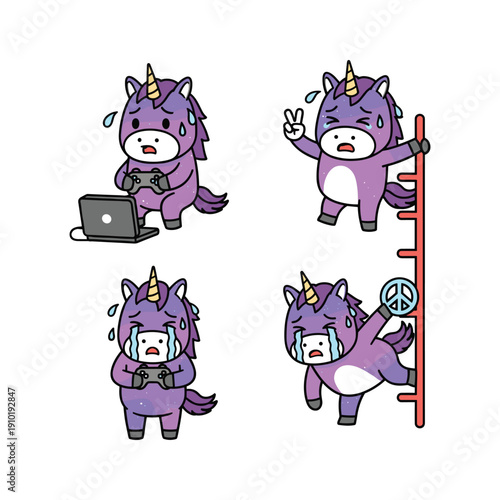 Stressed cartoon unicorn experiencing work frustration and relief in various comical poses