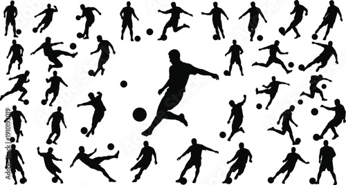 Soccer player silhouettes demonstrate kicking.