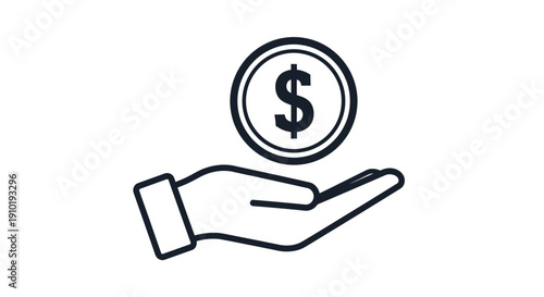 Simple black and white line art icon depicting an open hand gently holding or receiving a single dollar currency coin illustrating concepts of payment exchange wealth or financial assistance concepts