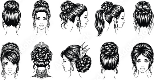 Black and white vector illustration collection of elegant women hairstyles and bridal updos with buns braids and accessories isolated on white background for beauty salon