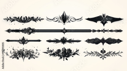 Black floral ornaments, dividers, and flourishes on light background for design