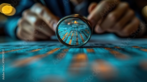 Businessperson examines data through magnifying glass, indoor, blurred lights in background