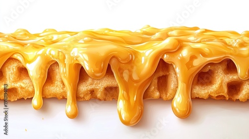 Caramel Dripping Down Waffle on White Background