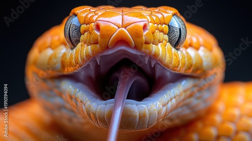 Close-up of an orange snake's head, mouth agape, dark background