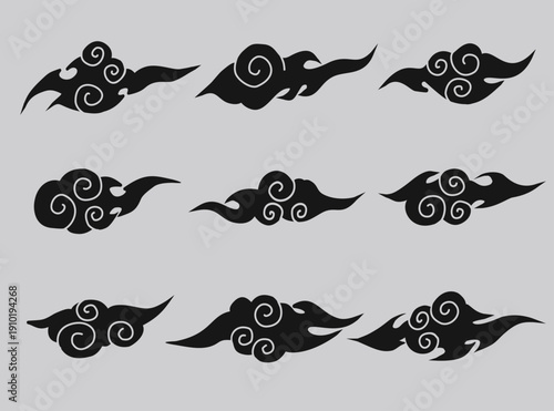 Set of traditional tribal clouds silhouette 