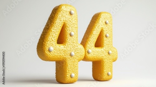 3D Number 44, yellow textured, white dots, simple background