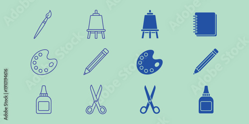 Blue and purple supplies on mint green background paintbrush easel notebook paint palette