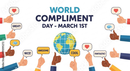 World Compliment Day celebration with diverse hands giving thumbs up  