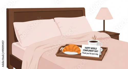 Breakfast tray with coffee and croissant on a neatly made bed  